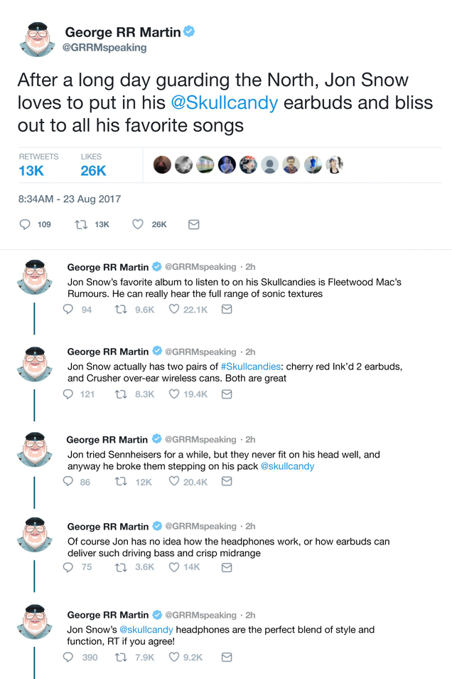 Illustration for article titled Desperate Bid: George R.R. Martin Is Tweeting About How Jon Snow Loves Listening To Music On His Skullcandies In A Plea To Get Free Headphones